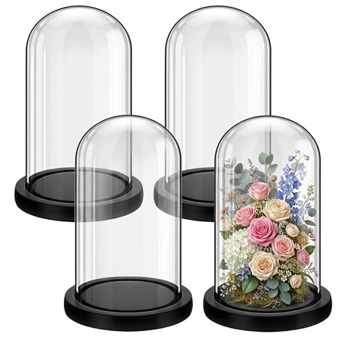 4 Pcs Glass Display Dome Cloche Clear Dome Cloche with Wood Base Tabletop Jar Display Case for Home Office Wedding(Black,4 x 7.1 Inches) - color: Black, size: 4 x 7.1 Inch