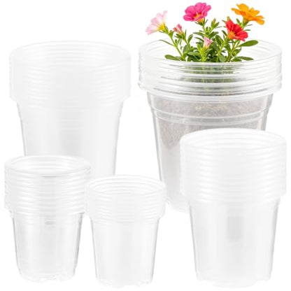 50 Pack 3/4/5/6/7 Inch Clear Nursery Pots with Drainage Holes, Thickened Transparent Plastic Plant Pots, Starter Potting Containers for Observing Root Growth, Indoor & Outdoor Use