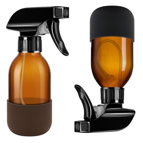 Tecohouse 360° 4 oz Amber Glass Spray Bottles with Silicone Sleeve 2 Pack | 360° All-Angle Spray, Non‑slip Silicone Protective Covers, for Cleaning Solutions, Plants, Hair Care (Black & Brown) - color: Amber