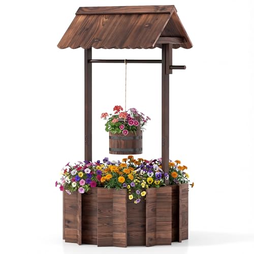 HAPPYGRILL Wooden Wishing Well Planter with Hanging Bucket | Flower Plants Planter, Outdoor Wishing Wells for Yard ,Wishing Well Planters for Outside, Home Decor