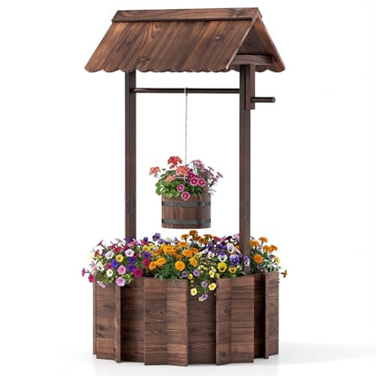 HAPPYGRILL Wooden Wishing Well Planter with Hanging Bucket | Flower Plants Planter, Outdoor Wishing Wells for Yard ,Wishing Well Planters for Outside, Home Decor