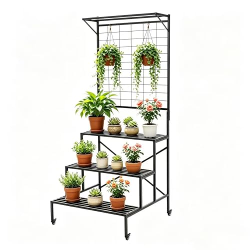 Zhongma 3 Tier Large Heavy Duty Plant Stand with Wheels with Hanging shelf - size: 3-Tier Hanging Shelf&Wheels:L35.4 x W33.3 x H80.7
