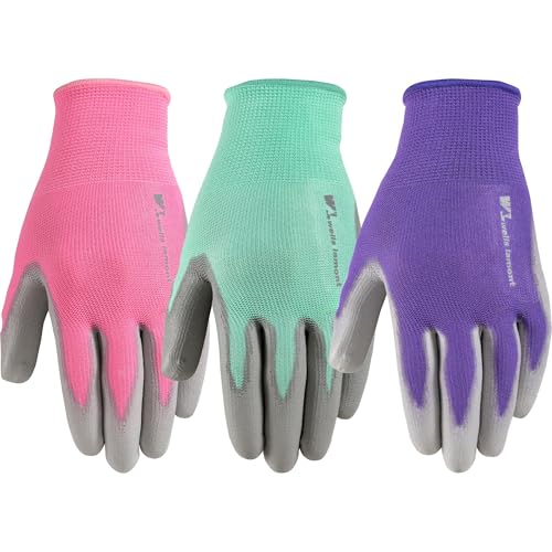 Wells Lamont Gardening Gloves for Women – Breathable Polyester, Seamless Fit – PU-Coated Palm for Grip & Durability - color: Pink/Green/Purple, size: Medium (Pack of 3)