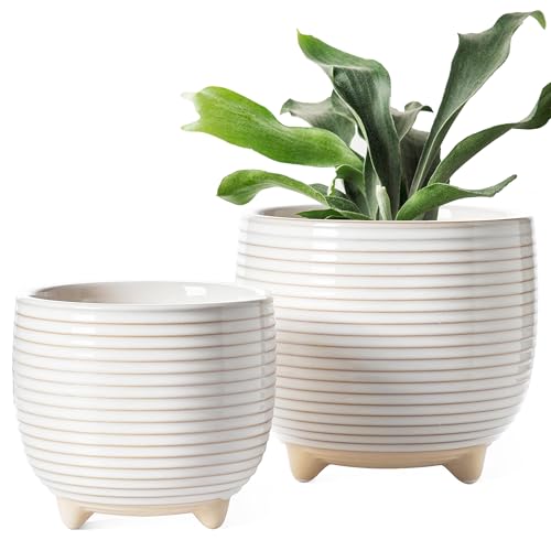 LE TAUCI Ceramic Plant Pots, 5.1 + 6.4 Inch Footed Pots for Plants, Modern Flower Pots for Home and Office, Indoor Planters with Drainage, Reactive Glaze White - color: Reactive Glaze White