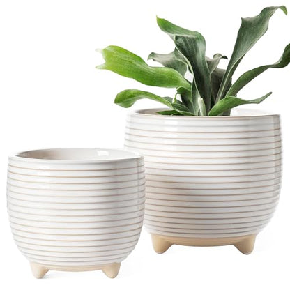 LE TAUCI Ceramic Plant Pots, 5.1 + 6.4 Inch Footed Pots for Plants, Modern Flower Pots for Home and Office, Indoor Planters with Drainage, Reactive Glaze White - color: Reactive Glaze White
