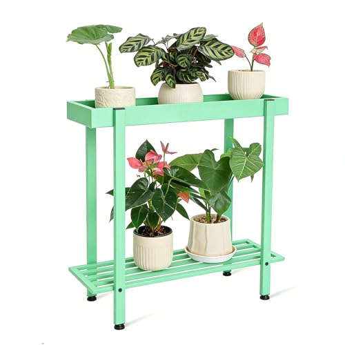 Honla Metal Plant Stand Indoor Outdoor,2 Tier Tall Plant Table,Mint Green | 26"L x 8.66"W x 24.40"H,Protective Raised Rim,Drainage Holes,Adjustable feet,110 lbs Weight Capacity,Rugged and Wobble-Free - color: Mint Green