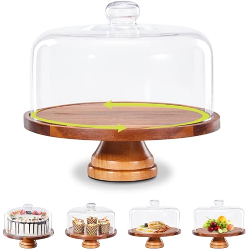 Cake Stand with Lid: 11in Rotating Wooden Cake Holder w/Glass Dome | High Base Round Dessert Stand w/Non-slip Silicone Gasket for Baking Gifts/Birthday/Kitchen/Party/Wedding - Easy to Clean