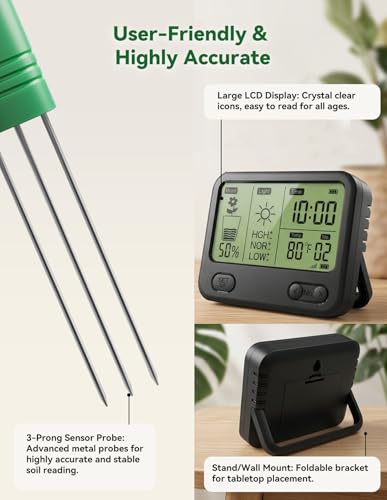 Nexuslab Wireless Soil Moisture Meter with LCD Receiver – 3‑Probe 3‑in‑1 Sensor (Moisture, Temperature, Light), 230 ft RF Range, Waterproof, Long Battery Life for Indoor/Outdoor Plants and Gardens - size: Main Unit + 2 Sensors