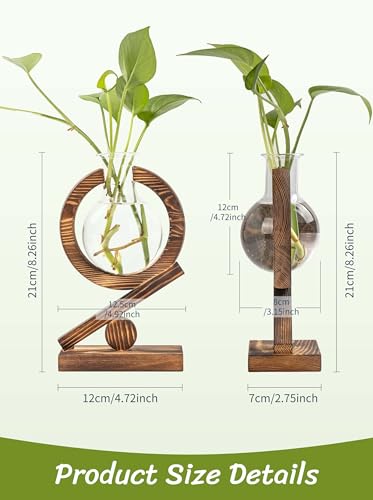 Glass Plant Propagation Station with Wooden Stand, Light Burnt Wood - color: Light Burnt Wood