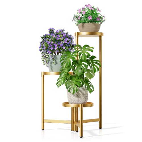 3 Tier Gold Plant Stand Indoor with 7.9 Inch Wide Tray, 3-Tiered Corner Metal Outdoor Flower Holder Stand, Folding Tall Rack for Display Shelf for Patio Porch Balcony - GoldDisk - color: GoldDisk, size: 3-tiers
