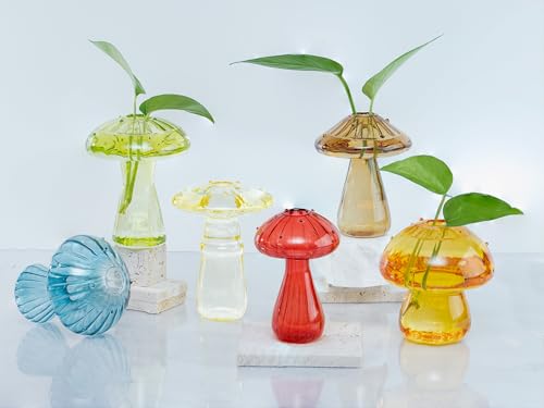 6 Pcs Colored Mushroom Glass Propagation Stations for Plant Lovers, Hydroponic Bud Vase Plant Propagation Stations Decor, Glass Terrariums for Indoor Plants, Cute Mushroom Vase Office Decor - color: Colored-b