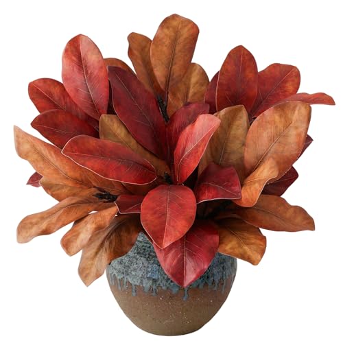 Magnolia Leaves 3D Artificial Magnolia Stems Branches for Vase Real Touch Fake Greenery Leaf Faux Stems for Indoor Outdoor Decor Fake Twigs for Home Office Table Decoration(6Pcs, 18'') (Terracotta) - color: Terracotta
