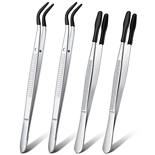 2 Pieces Bent Tip Tweezers with Rubber Tips PVC Coated and 2 Pieces Tweezers Rubber Coated PVC Soft Non Marring Flat Tips Lab Hobby Jewelry Craft Stainless Steel Tool(Black) - color: Black