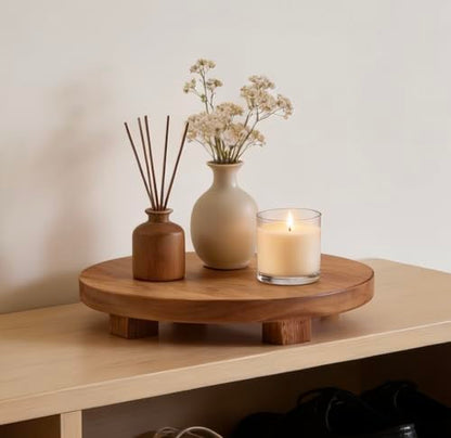 Kurrajong Farmhouse footed wooden stand. 10" wide and 2" high round Acacia Wood Riser. Wooden pedestal stand for Kitchen Counter, Coffee Station, Bathroom, Plants, Candles. Rustic Countertop Riser board