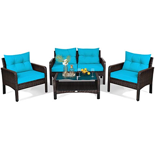 HAPPYGRILL 4-Piece Patio Furniture Set Outdoor Rattan Wicker Conversation Set with Coffee Table, Sectional Sofa Bistro Set with Cushions for Garden Poolside Backyard - color: Turquoise