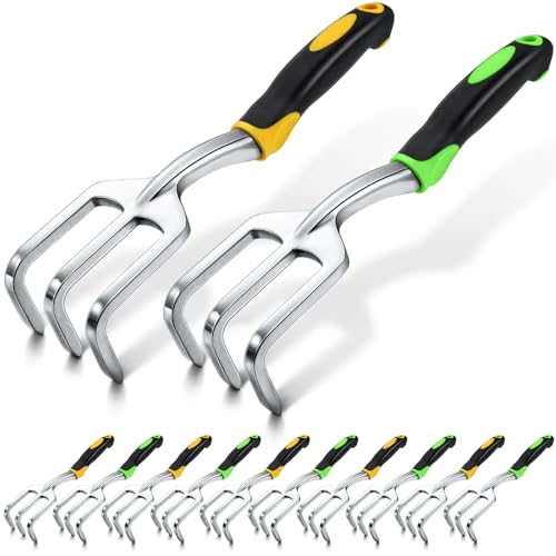 Yaocom 12 Pcs Hand Rake Garden Tool Mini Rake Heavy Duty Garden Cultivator 11 Inches Small Rake for Gardening Aluminum Alloy Hand Tiller with Soft TPR Handle for Digging Weeding Loosening Soil - color: Yellow, Green, style: 3-tine Rake