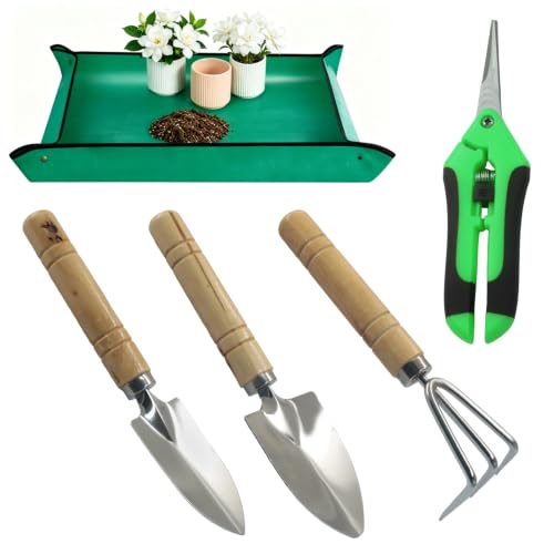 Green Plant Repotting Mat, 5 Pack Succulent Tools | Mini Garden SmGardening Tools, Pruning Shear Gardening Scissor Hand kit for Bonsai/Cactus/Fairy - color: Green tools set