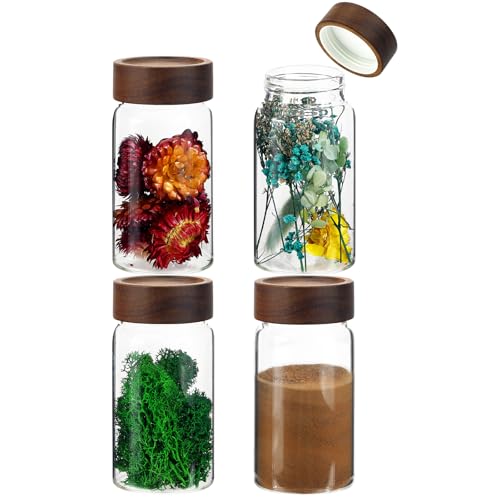 8 oz Small Glass Spice Jars with Airtight Wood Acacia Lid 4 PCS,Clear Coffee Ground Storage Canister Round Glass Spice Jar for Pantry Sugar Tea Bean Nuts Cookies Salts Seasoning - color: 4×250ml(8.4oz)