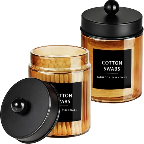 Amolliar Bronze Amber Glass Apothecary Jar, Qtip Holder Storage Black 2Pack | Bathroom Canister With Metal Lid, Q tip Dispenser Holder for Cotton Balls, Cotton Swabs, Floss Picks, Vanity Makeup Organizer - color: Black, size: 2 Pack