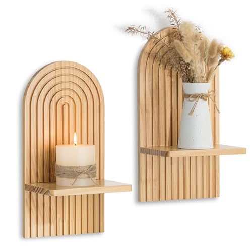 Boho Wall Decor Set of Two: Wood Wall Candle Holder - color: Natural
