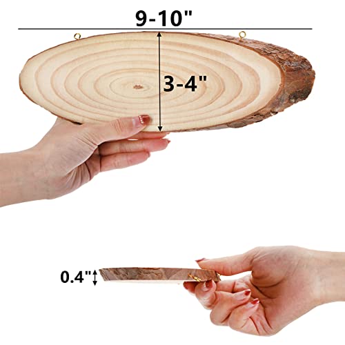 DEAYOU 8 Pack Natural Wood Slices, Unfinished Wood Crafts with Bark, Tree Slice Wooden Sign with Small Eye Ring, Wood Slab Plaque Plank for Centerpiece, DIY, Painting, Ornament, 9-11"L x 3-4"W, Oval
