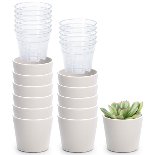 Phoenix Vine 3.5 Inch Oatmeal Plastic Cachepot with Clear Nursery Pot, Decorative Lightweight Planter Cover with Transparent Inner Pot for Indoor Houseplants, Pack of 12, 24-A-G-12 - color: Oatmeal, size: 3.5" (12 Pack)
