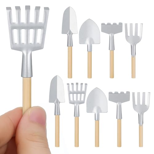 10-Pack Miniature Garden Tool Set, 3-Inch Mini Shovel Fairy Garden Accessories, Rustic Metal & Wood Tiny Tools for Dollhouse, Terrarium, Planter Decor, Zen Set