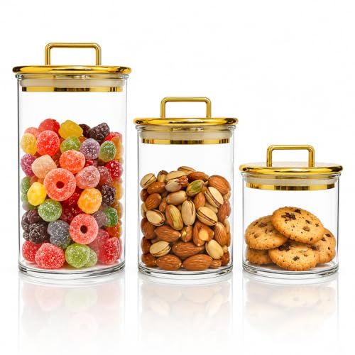 3-Pack Clear Acrylic Apothecary Jars with Gold Lids, Gold Candy Jar for Coffee Bar, Bathroom Vanity Canisters for Q-Tips, Cotton Balls & Small Treats - color: golden 03-3pcs