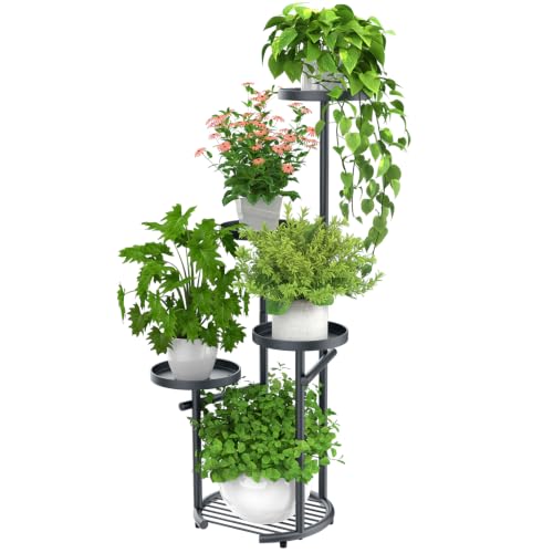 TOSKING Tall 5-Tier Round Metal Corner Plant Stand Indoor, Anti-Tip, Gray | 37.7-Inch Height, Space-Saving Design, Heavy-Duty Construction, Vertical Multi-Plant Display, Outdoor Ready, Adjustable Feet - color: Gray, size: 5tier Rd