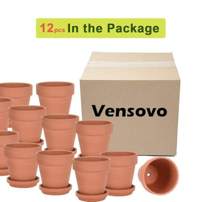 3 Inch Terracotta & Clay Pots for Plant with Saucer, 12 Pack | Clay Flowerpot with Drainage, Nursery pot for succulents, cactus, herbs, seedlings, Crafts, Wedding Favors - color: Brown
