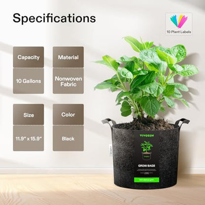 VIVOSUN 5-Pack 10 Gallon Plant Grow Bags Fabric Pots with Handles | 300G Thickened Nonwoven Fabric, Excellent Drainage, Healthy Root Growth, BPA-Free, Reusable - color: Black, size: 10 Gallons