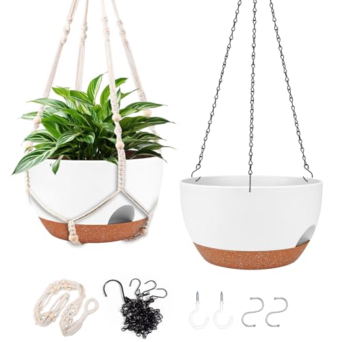 10 Inch Self Watering Hanging Planters with Metal Chain & Macrame Hangers | Reservoir, Drainage Holes, Hanging Planter Basket for Indoor & Outdoor Plants, White - color: 2 Type Plant Hangers White, size: 12 Inch