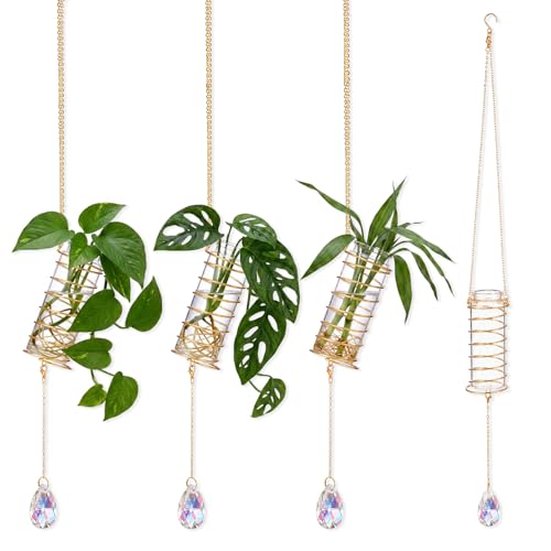Sieral 3 Set Hanging Propagation Stations with Crystal Suncatchers Glass Propagation Station Planters with Metal Chain for Indoor Wall Hydroponic Propagated Plant Holder Home Decor Gift for Women