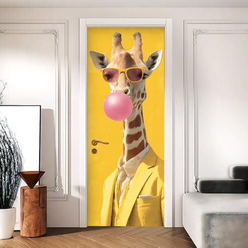 Giraffe Door Cover, Bubble Gum Pop Art Door Sticker, 30.3x78.7in - color: Colorful1083