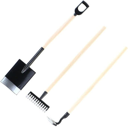 3Pcs Miniature Garden Tools 1:12 Mini Shovels and Rake Farm Tools Fairy Garden Furniture Dollhouse Accessories (Black) - color: Black