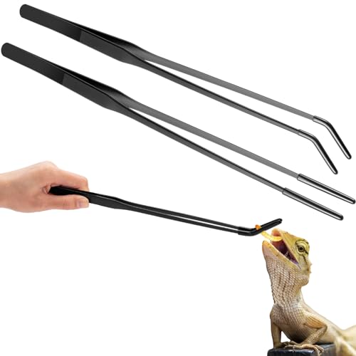 Lasnten 2 Pcs Reptile Feeding Tongs, 15 Inch, Long, Black | Stainless Steel, Feeder Tongs/ Tweezers with Rubber Tip, Straight and Curved, Terrarium Feeder Tool, Tank, Snakes, Lizard - color: Black, size: 15 Inch