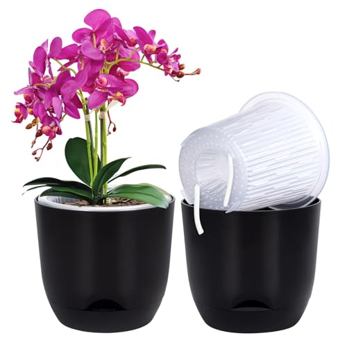QCQHDU 2 Pack 5.7 Inch Orchid Pots with Holes for Repotting, Double-Layer and Self Watering Orchid Pot with Good Air Circulation - color: Black, size: 2packs 5.7IN