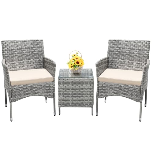 Devoko 3 Piece Patio Furniture Set Outdoor Wicker Conversation (Pale Grey) - color: Grey/Beige