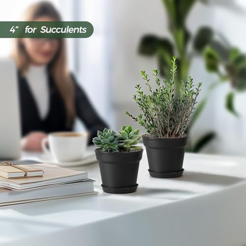 T4U 7.5 Inch Plant Pots 6 Pcs, Flower Pots for Indoor Plants Plastic Pots for Plants with Drainage Holes and Saucer, Planters for Indoor Plants for House Cactus Succulent Black | Indoor houseplant use, Peace lily orchid and herbs, Drainage design, Lightwe