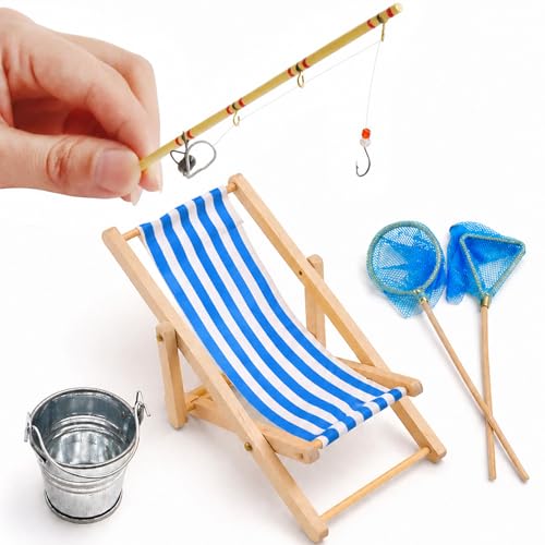 5PCS Mini Fishing Pole Decoration Set, Doll Fishing Pole with Mini Fishing Rod, Net, Bucket & Beach Chairfor Adult DIY Holiday Diorama, Shadow Box and Micro Landscape Display - color: 5 Fishing