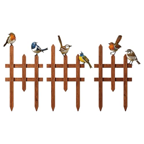 3 Pcs Small Garden Fence with 6 Piece Bird Decoration, Rustic Garden Decor | Insert Lawn Picket Fence Garden Borders Decorative for Landscape Path Flowerbeds Plant Yard, Fence Decorations Outdoor(Brown) - color: Brown