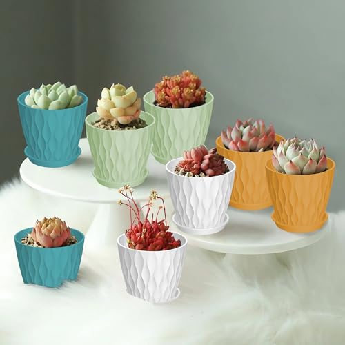 16 Pack 4 Inch Plastic Planter Pots with Tray, Heavy Duty Indoor Outdoor Planter Pots with 48 Drainage Holes for Herbs, Succulents, Seedlings, Flowers Durable and Lightweight Multicolour - color: Multicolour