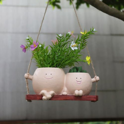 Dolkgy Hanging Planter Swinging Face Planters, Unique Head Flower Pots for Indoor Outdoor Plants, Cute Face Vase Funny Fence Wall Planter Succulent Pots - color: Khaki