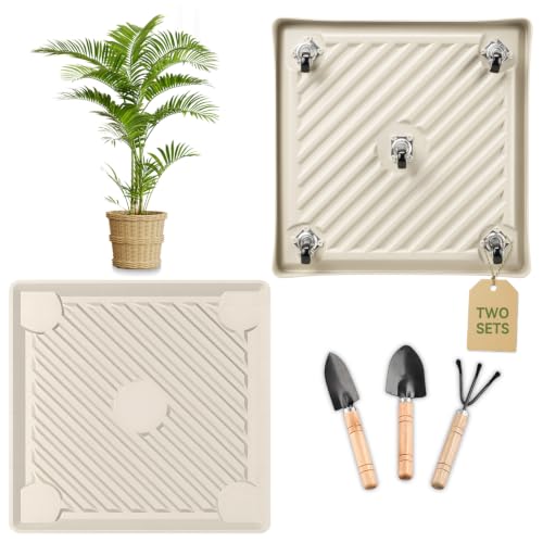 13.3" SquarePlant Caddy Beige with Hidden Wheels & Garden Tools Set | 2-Pack 280 LBS Heavy Duty Plant Caddy with 360° Silent Wheels for Large Planters & Heavy Items Indoors/Outdoors - size: 13.38 Inch - Beige (2 Pcs)