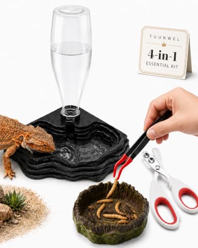 4 Piece Bearded Dragon Water Bowl Set, Food Bowl 13.5Oz | 6.3in Stainless Steel Tongs and Nail Clippers Feeding Grooming Kit Bearded Dragon Tank Accessories for Gecko Turtle Terrarium