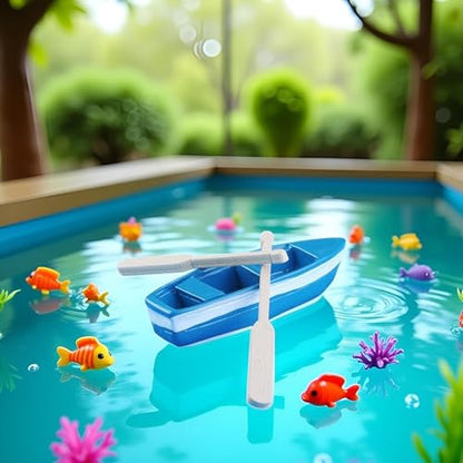 Set of Blue Mini Rowboat Mini Tiny Wooden Boat with Oars for Fairy Garden Kits for DIY Fairy Garden Dollhouse Decoration with Oars Canoe Model,Figurines Dollhouse Accessories Décor