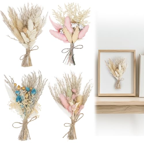 RAINFLOW 4 Pack Mini Dried Flower Bouquets - Natural Boho Floral Decor