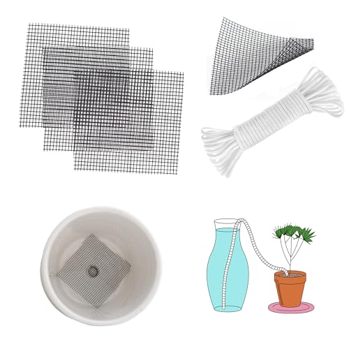 200 Pcs Plant Pot Bottom Hole Mesh Pad Cover, Keep Soil from Falling Out Drainage Hole, 2" Square Potted Bonsai Succulent Flower Planter Grid Mat Screen Gardening Gasket, with 30ft Self Watering Rope - size: 200 Pack (2x2 inch)