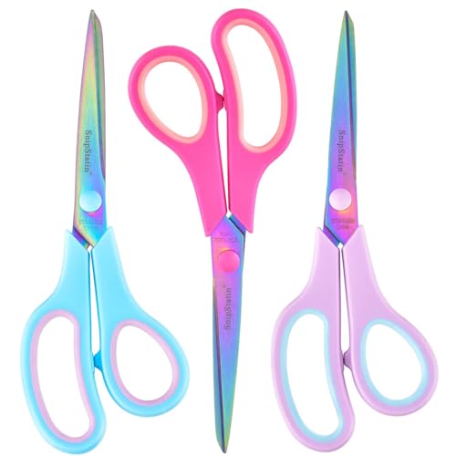 8.5" Multipurpose Office Scissors Heavy Duty, Titanium Coating Sharp Blades, Ergonomic Semi-Soft Rubber Grip, Scissors All Purpose for Sewing, School, Fabric, Art Craft Supplies, 3-Pack - size: 8.5"(Blue/Pink/Purple/3-Pack)
