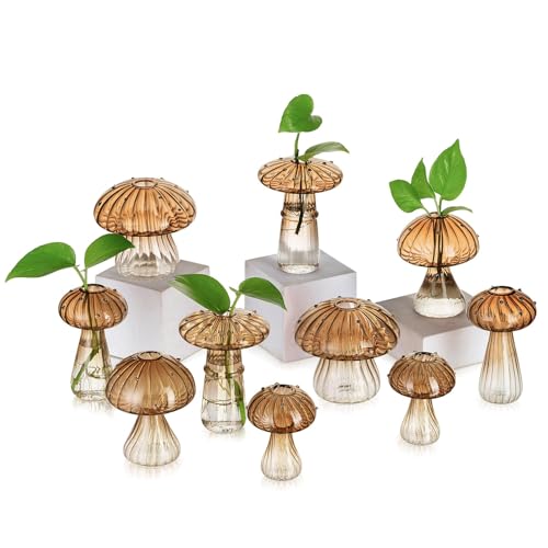 Glasseam Mushroom Plant Propagation Station, 10 Pcs Glass Terrarium Jar | Amber, Handmade Small Hydroponic Planters, Indoor Pothos Cutting Propagate, Table Windowsill Decor, Gifts for Plant Lovers - color: Amber, size: 10
